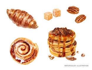 Sweet desserts watercolor isolated on white background. Pastries pecan pancakes, sugar, cinnamon roll, croissant, pecan nuts