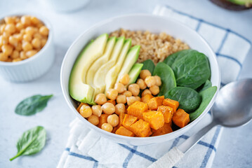 Quinoa Sweet potato chickpeas spinach Buddha bowl