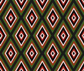 Tribal African ethnic seamless pattern with simple lines and figures in red, white and green. Vector traditional black background, textile, paper, fabric. Kwanzaa, Black history month, Juneteenth