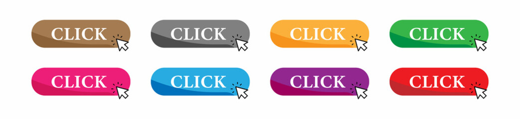 Button icon, click on web button with cursor. Button pointer. Button for website and internet. Illustration and design element of web buttons in different colors. Vector