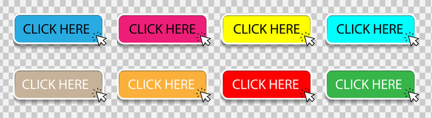 Button icon, click on web button with cursor. Button pointer. Button for website and internet. Illustration and design element of web buttons in different colors. Vector