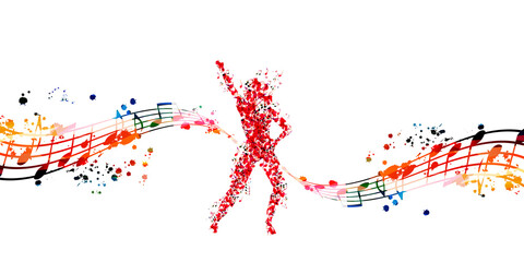 Naklejka na ściany i meble Woman dancing made of musical notes. Red musical notes dancer performer with musical staff vector illustration design 