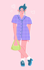 Cute girl in styllish modern outfit. Vector illustration of a young woman wearing a checkered dress. Trendy female fashion concept in colorful flat style.