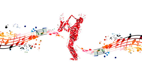 Man playing saxophone made of musical notes. Red musical notes saxophonist with musical staff vector illustration design for live concert events, music festivals and shows posters, party flyers	 - obrazy, fototapety, plakaty