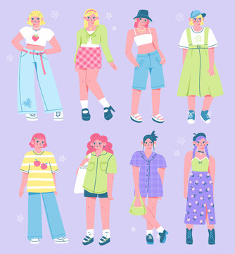 Set of stylish girls in trendy outfits. Vector illustration of modern female fashion in cute flat style. Fashionable pants, dresses, shirts and accessories.