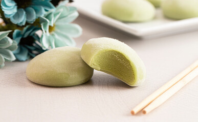 Green Tea Matcha Mochi Ice Cream on a White Kitchen Table
