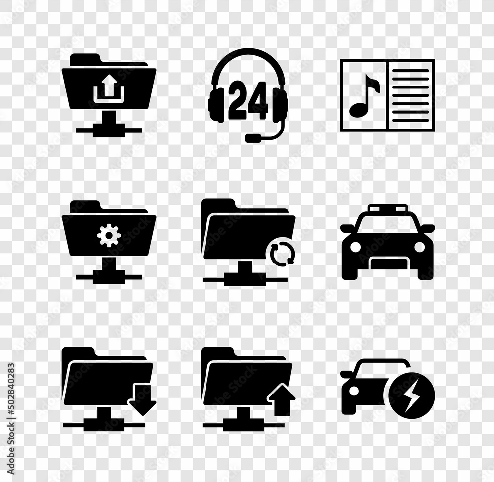 Sticker Set FTP folder upload, Headphone for support, Music book with note, download, and Electric car icon. Vector