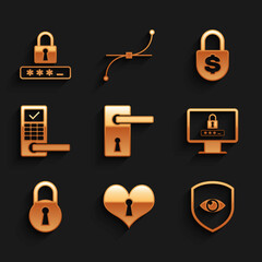 Set Door handle, Heart with keyhole, Shield eye, Monitor password, Lock and Digital door lock wireless icon. Vector