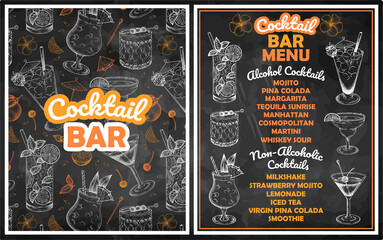 Chalk drawing Cocktail Bar menu. Hand drawn alcohol drinks poster. Line art lemonade, sex on the beach, cosmopolitan, manhattan, whiskey sour, mojito, smoothie on blackboard. Retro vector illustration - 502841009