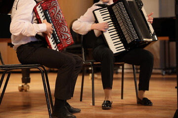 Two musicians play together on a red and black musical instrument accordion