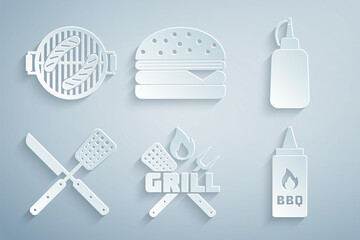 Set Crossed fork and spatula, Mustard bottle, knife, Ketchup, Burger and Barbecue grill with sausage icon. Vector