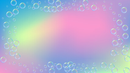 Fototapeta na wymiar Cleaning foam. Soap bubble. Detergent suds for bath. Shampoo. 3d vector illustration poster. Aqua fizz and splash. Realistic water frame and border. Rainbow colorful liquid cleaning foam.