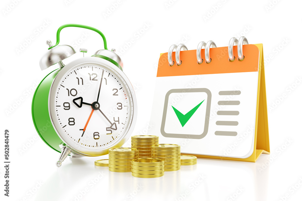 Fototapete utility bills scheduling. stacks of coins are in front of an alarm clock, which is beside to a calen
