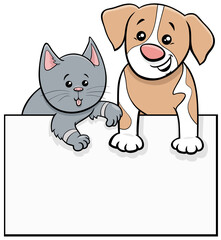 cartoon dog and cat with blank singboard graphic design