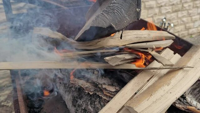Kindling of chopped birch firewood. Burning wood in old metal barbecue. Fire in grill on greenery background