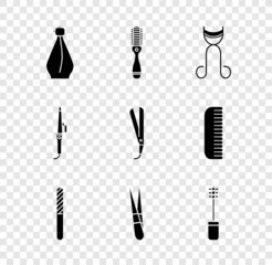 Set Perfume, Hairbrush, Eyelash curler, Nail file, Eyebrow tweezers, Mascara, Curling iron and icon. Vector