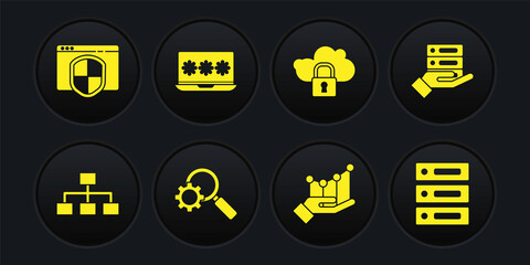 Set Hierarchy organogram chart, Server, Data, Web Hosting, Magnifying glass and gear, Pie infographic, Cloud computing lock, Laptop with password, and Browser shield icon. Vector