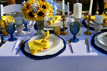 alfresco banquet table decorated in yellow and blue accents