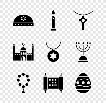 Set Jewish kippah with star of david, Burning candle, Christian cross on chain, Rosary beads religion, Decree, paper, parchment, scroll, Easter egg, Muslim Mosque and Star David necklace icon. Vector