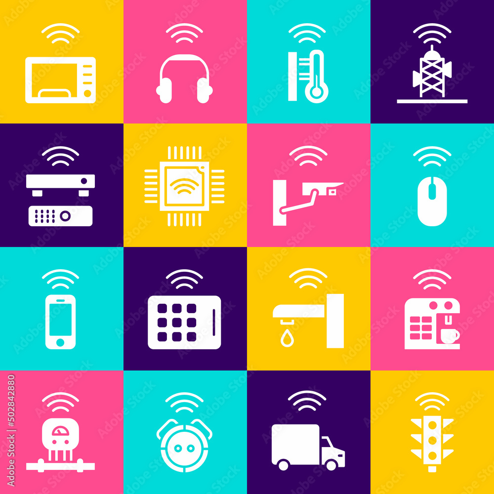 Poster set smart traffic light, coffee machine, wireless mouse, thermometer, processor with microcircuits c