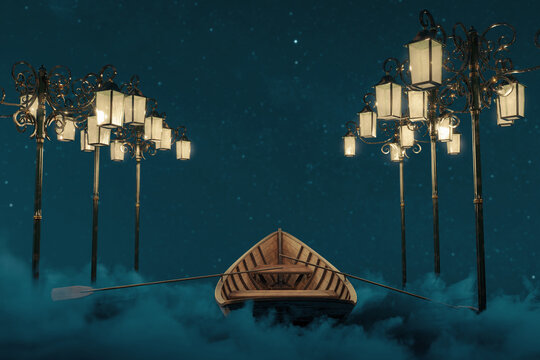 3d rendering of abandoned wooden boat over fluffy night clouds. Illuminated from classic streetlamps