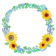 水彩画。ひまわりと草木のリースイラスト。水彩タッチの植物装飾リースフレーム。Watercolor painting. Wreath illustration of sunflowers and plants. Watercolor touch plant decoration wreath frame.