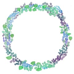 水彩画。ラベンダーと草木のリースイラスト。水彩タッチの植物装飾リースフレーム。Watercolor painting. Wreath illustration of lavender and plants and trees. Watercolor touch plant decoration wreath frame.