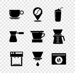 Set Coffee cup, Location with coffee bean, Milkshake, machine, V60 maker, Bag beans, turk and icon. Vector