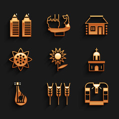 Set Sunflower, Wheat, Embroidered shirt, Church building, Bandura, Ukrainian house and Two towers Dnipro icon. Vector