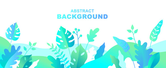 Vector abstract summer background with copy space for text. Horizontal template for websites, event invitations, greeting cards, advertising banners. Design with leaves and flowers in flat style.