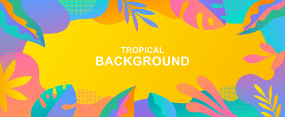 Fototapeta na wymiar Vector abstract tropical background with copy space for text. Horizontal template for websites, event invitations, greeting cards, advertising banners. Sunny design with palm leaves in flat style.