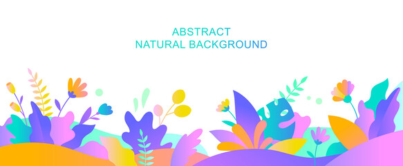 Vector abstract summer background with copy space for text. Horizontal template for websites, event invitations, greeting cards, advertising banners. Design with leaves and flowers in flat style.