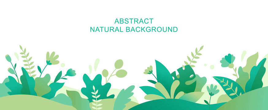 Vector abstract summer background with copy space for text. Horizontal template for websites, event invitations, greeting cards, advertising banners. Design with leaves and flowers in flat style.