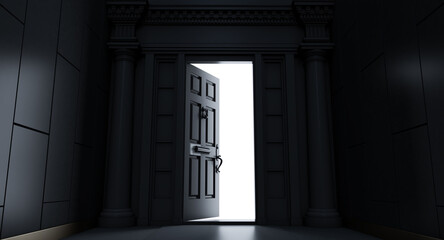 Fototapeta na wymiar Open door in a dark room; Chance to achieving the goal; black room with a half open door and a glimmer of light coming in, 3d render