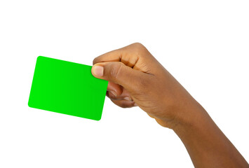 closeup of Black hand holding blank card isolated on white background.  Female hand holding blank green card, Card template, clip mask