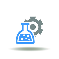 Vector illustration of flask bottle with gear. Icon of science and innovation. Symbol of laboratory scientific medical research. Sign of research and development.