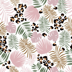 Leopard print baby seamless fabric design pattern and tropical leaves