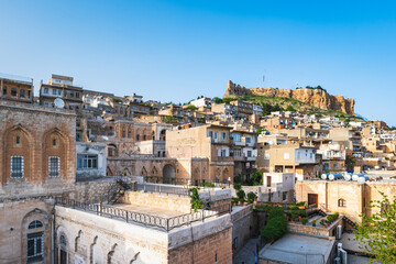 Fototapeta na wymiar Mardin old town view with Mardin castle at the top, cityscape of Mardin in Turkey