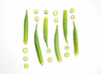 whole okra and slices Lady Finger design over on white background