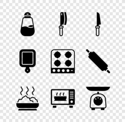 Set Salt, Meat chopper, Knife, Bowl of hot soup, Microwave oven, Scales, Cutting board and Gas stove icon. Vector