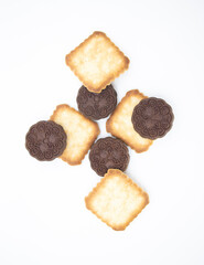 sugar and chocolate biscuit or cookies isolated on white background, Top view,