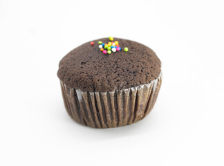 Chocolate muffin in brown paper with sprinkle isolate on white