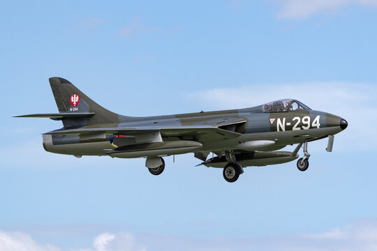 RAF Waddington, Lincolnshire, UK - July 4, 2014: The Dutch Hawker Hunter Foundation Hawker Hunter F.6A G-KAXF.