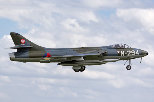 RAF Waddington, Lincolnshire, UK - July 4, 2014: The Dutch Hawker Hunter Foundation Hawker Hunter F.6A G-KAXF.