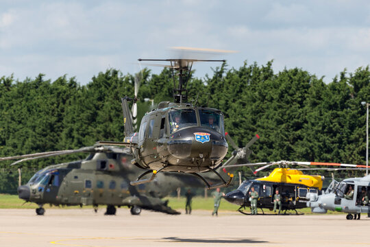 RAF Waddington, Lincolnshire, UK - July 7, 2014: Bell UH-1H Iroquois (Huey) military utility helicopter G-HUEY.