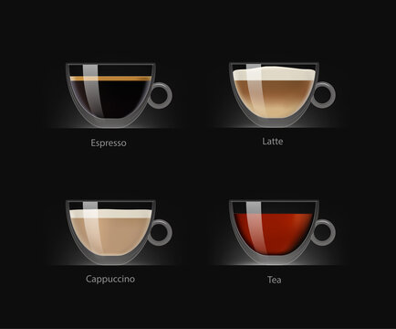 Set of drinks in a clear glass cup. Vector illustration. Ready to use for your design, presentation, promo, ad. EPS10.	