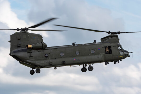 RAF Waddington, Lincolnshire, UK - July 5, 2014: Royal Air Force (RAF) Boeing Chinook HC.2 twin engined heavy lift military helicopter ZH777. .