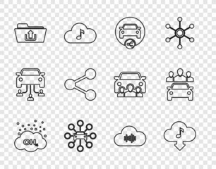 Set line Methane emissions reduction, Cloud download music, Car sharing, Folder upload, Share, Music streaming service and icon. Vector
