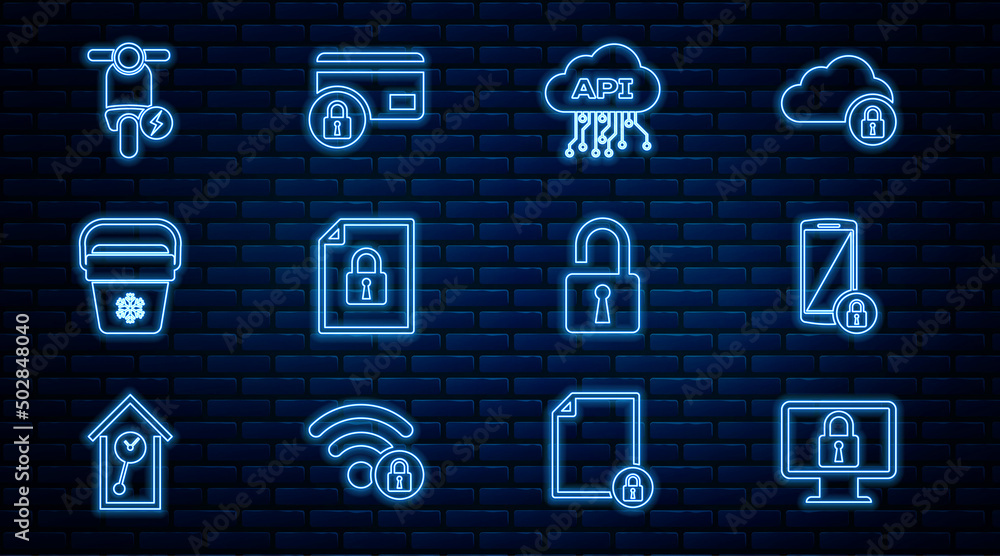 Poster set line lock on monitor, smartphone with lock, cloud api interface, document and, cooler bag, elect
