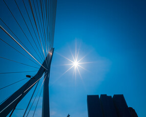 Obraz premium Rotterdam, Netherlands - April 28, 2022: Erasmusbrug - Erasmus Bridge is a combined cable-stayed bridge, constructed in 1996. It crosses the Nieuwe Maas river in the centre of Rotterdam